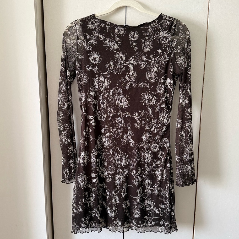 Brown and White Floral Mesh Mini Dress - Picture 5 of 10